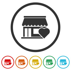 Sticker - Favorite shop icon. Set icons in color circle buttons