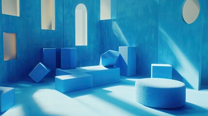 Wall Mural - Abstract blue room with geometric shapes and sunlight.