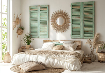 Wall Mural - Minimalist bedroom with green shutters, white walls, and pastel decor, featuring natural materials like wood and linen.