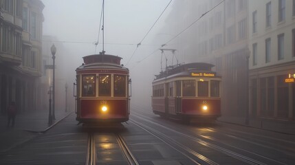 Two vintage trams navigate a foggy street, creating a nostalgic urban scene.