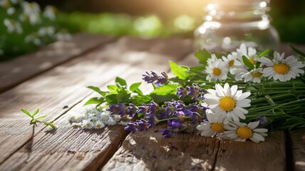 Wall Mural - A bouquet of fresh wildflowers rests on a wooden surface, illuminated by soft sunlight, creating a tranquil, natural atmosphere.