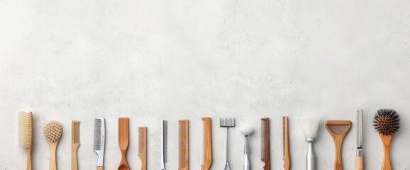 A row of wooden hairbrushes and combs are lined up on a white background