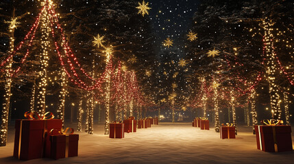 Wall Mural - Illuminated christmas trees with red and golden garlands into a forest with snowy flakes with shape of stars close to xmas gifts in red boxes , Generative AI illustration
