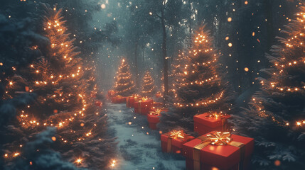Wall Mural - Illuminated christmas trees with red and golden garlands into a forest with snowy flakes with shape of stars close to xmas gifts in red boxes , Generative AI illustration
