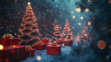 Wall Mural - Illuminated christmas trees with red and golden garlands into a forest with snowy flakes with shape of stars close to xmas gifts in red boxes , Generative AI illustration

