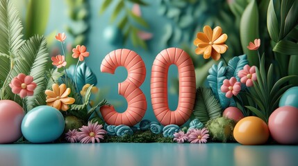 Wall Mural - A colorful 30th birthday celebration scene with flowers and eggs.