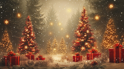 Wall Mural - Illuminated christmas trees with red and golden garlands into a forest with snowy flakes with shape of stars close to xmas gifts in red boxes , Generative AI illustration
