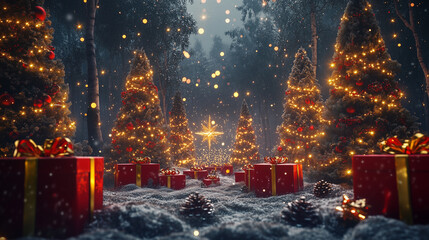 Wall Mural - Illuminated christmas trees with red and golden garlands into a forest with snowy flakes with shape of stars close to xmas gifts in red boxes , Generative AI illustration
