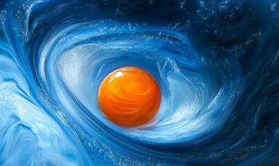 Wall Mural - A bright orange object is surrounded by a blue and white swirl