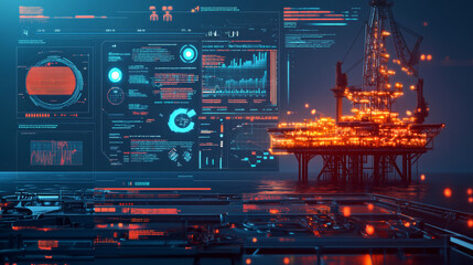 An advanced digital interface showcasing an offshore oil rig, highlighting the intersection of technology and the oil industry. The design includes various data visualization elements, coding scripts,