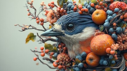 Canvas Print - A bird's head surrounded by colorful fruits and foliage.