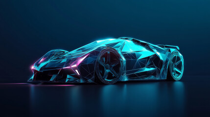 Abstract vector illustration of an electric sports car in 3D, showcasing high speed on a highway. Isolated on a dark blue background, featuring a digital futuristic polygonal low poly mesh design.



