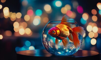 An orange goldfish in a round glass bowl with vibrant bokeh lights in the background, creating a stunning visual contrast between the animated fish and the glowing ambiance