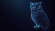 © Sahraya - A low-poly wireframe of an owl, isolated on a dark background, with a polygonal design resembling a starry sky or space. The owl is formed from points, lines, and geometric shapes, with stars scattere