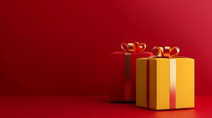 christmas and new year gifts on red background. 3d creative yellow & red gift box. 3d red,yellow gif