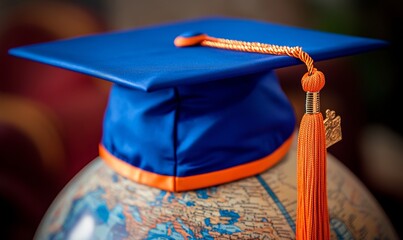 A blue and orange graduation cap sits on top of a globe