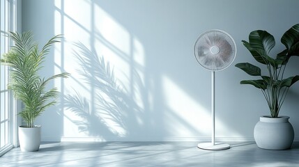 Sticker - Bright room with plants and a standing fan casting shadows.