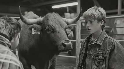 Wall Mural - A Young Boy Meets a Bull: A Moment of Connection