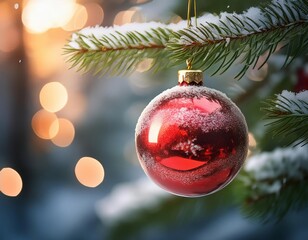 A frosted red ornament hangs on a snow-dusted pine branch, with warm bokeh lights in the background, creating a festive holiday atmosphere