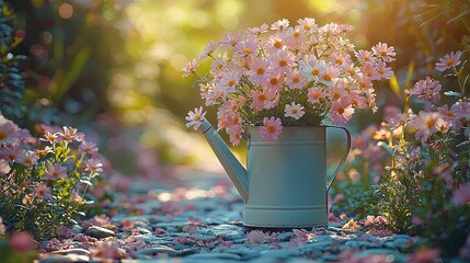 Canvas Print - Vintage Watering Can Filled with Beautiful Flowers