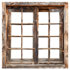 Wall Mural - A rustic wooden window frame with glass panes isolated against a transparent background showcases its weathered look and natural textures.