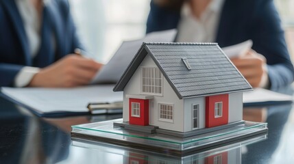 Two professionals in business attire discuss paperwork behind a model house on a glass table, symbolizing real estate investment. 