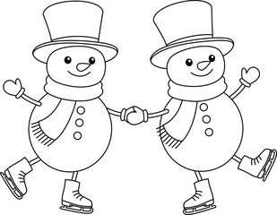 Wall Mural - Snowman Cartoon is Ice Skating Outline Coloring Page. Christmas and Winter Illustration