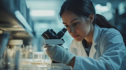 Wall Mural - scientist examining specimen with microscope