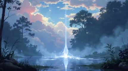 Wall Mural - Ethereal landscape with a radiant light beam piercing through twilight sky, reflecting on serene water.