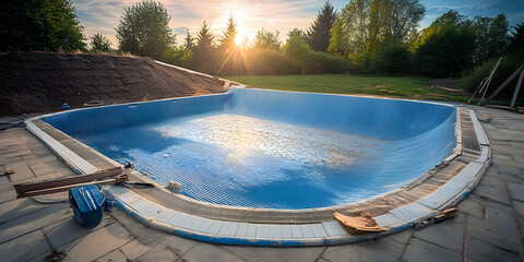 Wall Mural - Replacing a worn-out pool PVC liner with a new one , pool, PVC, liner, replacement, repair