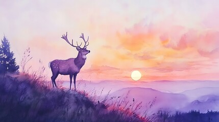 Wall Mural - Watercolor Painting of a Deer Standing on a Hilltop at Sunset.