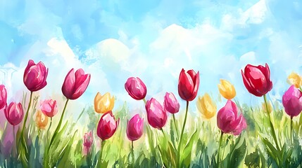 Sticker - Watercolor Painting of Tulips in a Field.