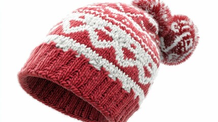 Wall Mural - Red and white knitted beanie with a fluffy pom pom.