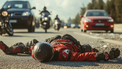 Motorcyclist lying down on asphalt after road accident