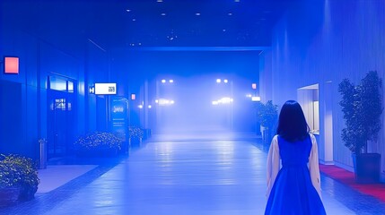 Poster - Woman in Blue Dress Walking Through a Hallway