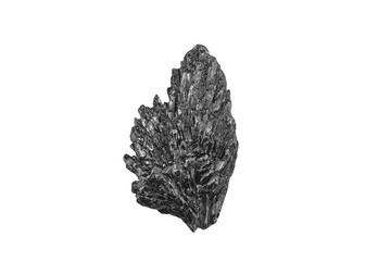 Unique black mineral specimen showcasing intricate crystalline structure on a white background