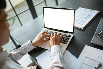 business man using laptop blank screen computer working in office mockup image blank screen computer