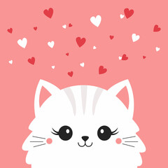 Wall Mural - White cat face head. Fluffy kitten. White red hearts. Happy Valentines Day. Cute cartoon funny kitty character. Kawaii animal in love. Greeting card . Flat design. Pink background. Vector illustration