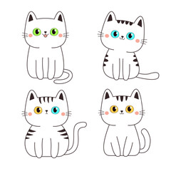 Wall Mural - Cute cat set. White kitten face head with yellow, blue, green eyes. Cartoon pet baby character Black contour icon. Funny kawaii animal. Childish style. Flat design. White background. Vector