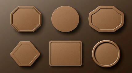 Wall Mural - Six brown, blank, 3D labels with various shapes, including circles, squares, and octagons, on a dark brown background.