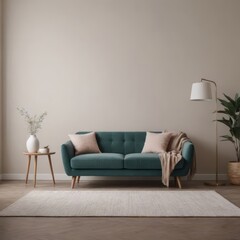 A cozy living room with a green sofa, pink and brown pillows, a coffee table, floor lamp, and pink rug exudes warmth and comfort.