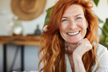 In a cozy home environment, a mature woman with flowing red hair beams with joy, showcasing her bright smile and the warmth of self-care and confidence.