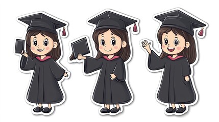 Adorable cartoon sticker of a little girl in a graduation gown and hat, proudly holding her diploma