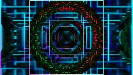 Wall Mural - Abstract background 3D animation moving through shiny glass metal and neon lights tunnel, loop