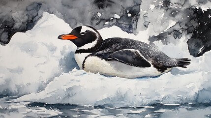 Wall Mural - Watercolor Painting of a Penguin Resting on Ice Floes.