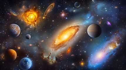 Poster - A breathtaking image of the universe showing colorful galaxies, stars, and planets, space, cosmos, astronomy, galaxy