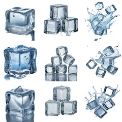 Aufkleber - Multiple ice cubes in various positions isolated on a white background. Some are in stacks while others are in mid-air surrounded by water splashes.