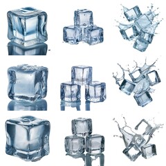 Aufkleber - Multiple ice cubes, some isolated, others with splashing water, on white background.