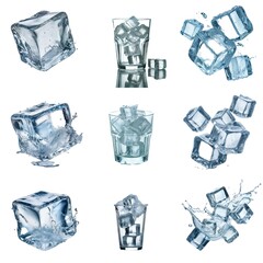 Aufkleber - Ice cubes in water with splashes and in a glass.