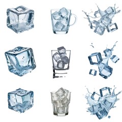Aufkleber - Multiple ice cubes in various settings: isolated, in glasses, and splashing in water.